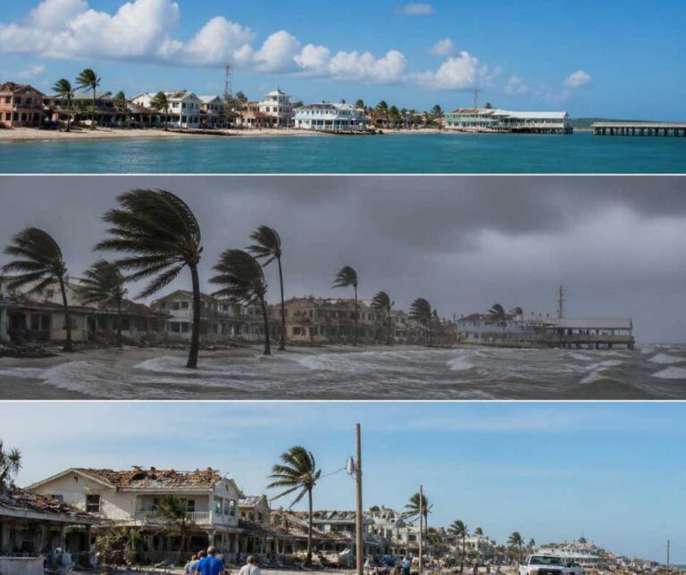 Four images depict a stormy beach scene featuring turbulent waves and a small boat struggling against the elements